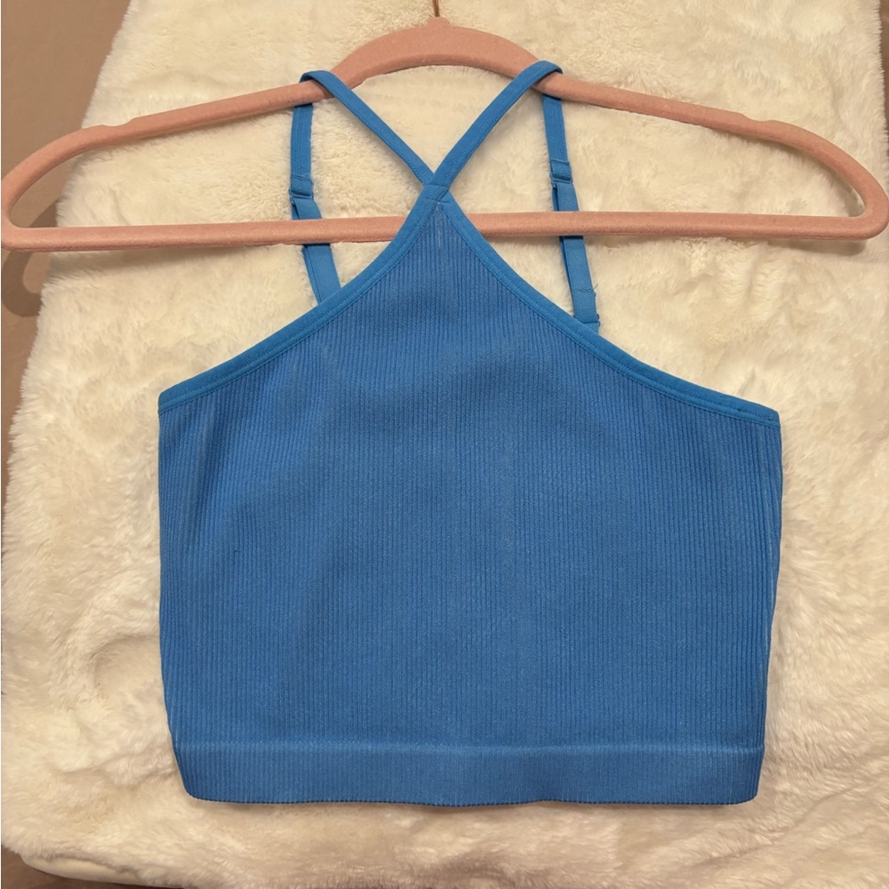 Blue Criss Cross Neck Tank Top